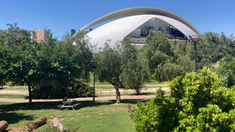 A view of the Reina Sofia opera house from the Turia with a picnic table in the foreground