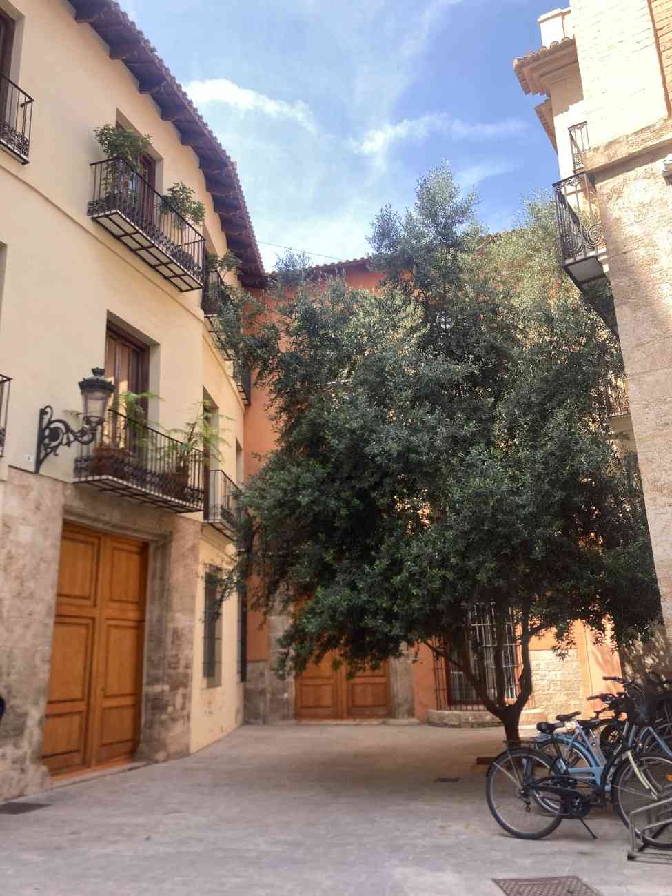 A bike parked in a small plaza with tree and terraced apartments in Valencia