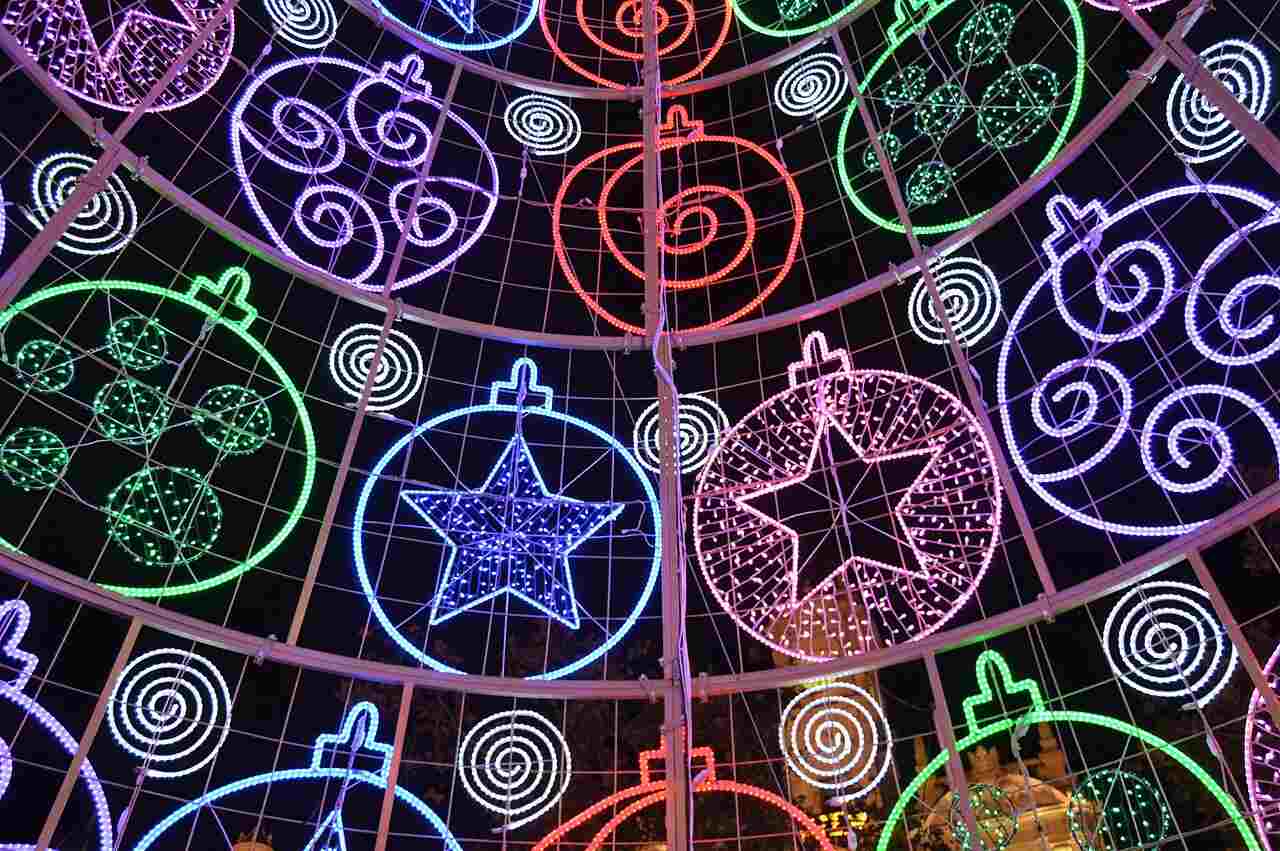 Colorful Christmas decoration lights at night in Valencia's Ayuntamiento