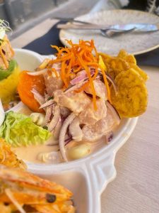 A small portion. of ceviche, the Peruvian dish of raw marinated fish