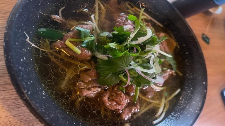 Bowl of Vietnamese rice noodles in beef broth