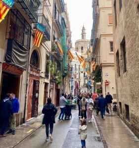 Street with flags during Valencia's fallas festival