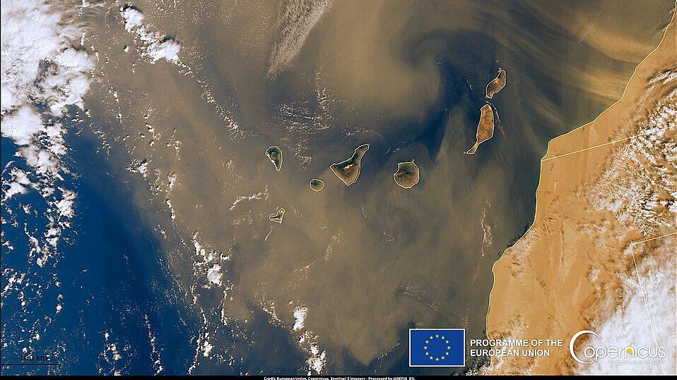 Satellite image of a dust storm forming in the Atlantic over the Canary Islands.