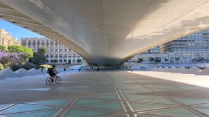 Cyclist under the Exposicion Bridge in Valencia Spain