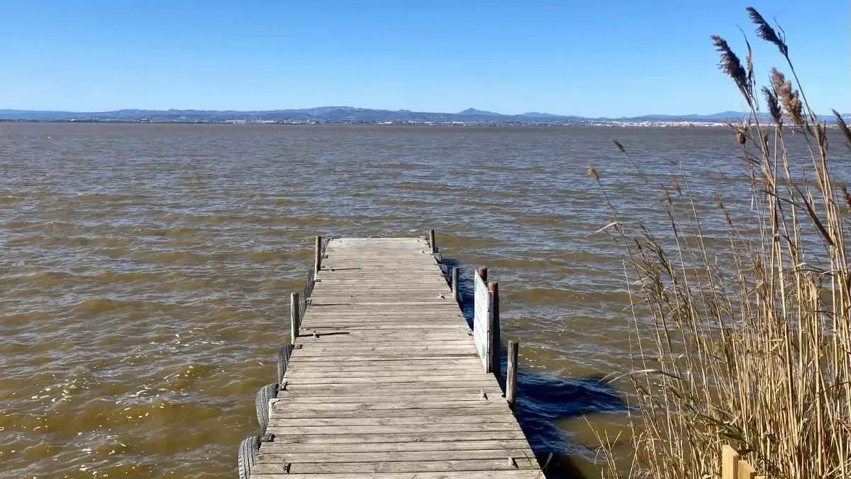 A woodier plank pier extends into the muddy waters of the Albufera lagoon