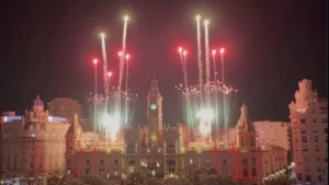 Fireworks over the Plaza del Ayuntamiento celebrating Spain's victory at the World Cup.